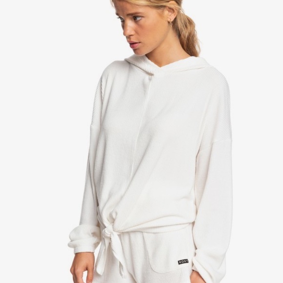 Roxy Staying In Cozy Rib Knit Hoodie for Women, Off white - Picture 4 of 9